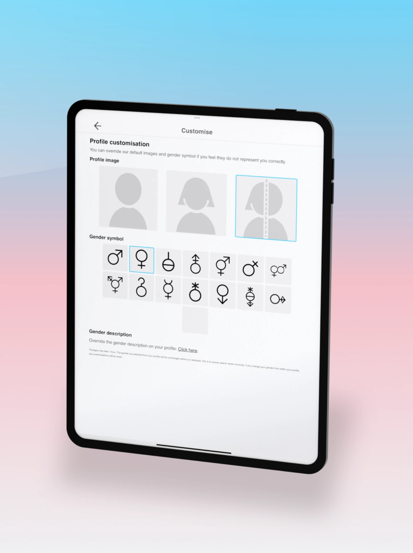 Personalizzazione del profilo Butterfly su iPad con immagini predefinite, simboli di genere e controlli della descrizione di genere