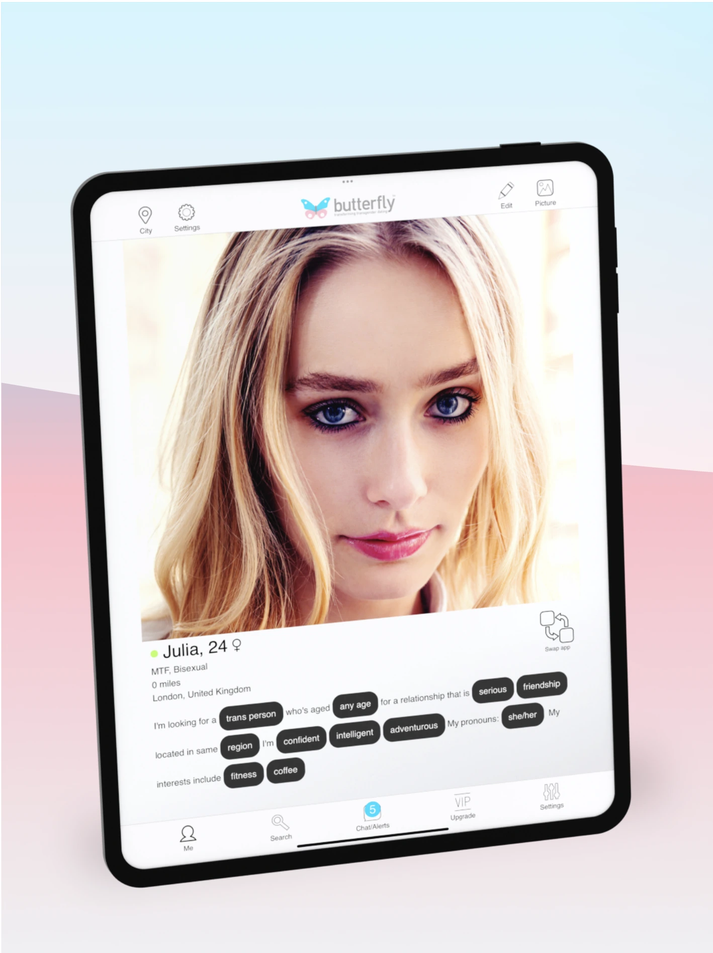 Butterfly su iPad con profilo, pronomi, preferenze relazionali e interessi