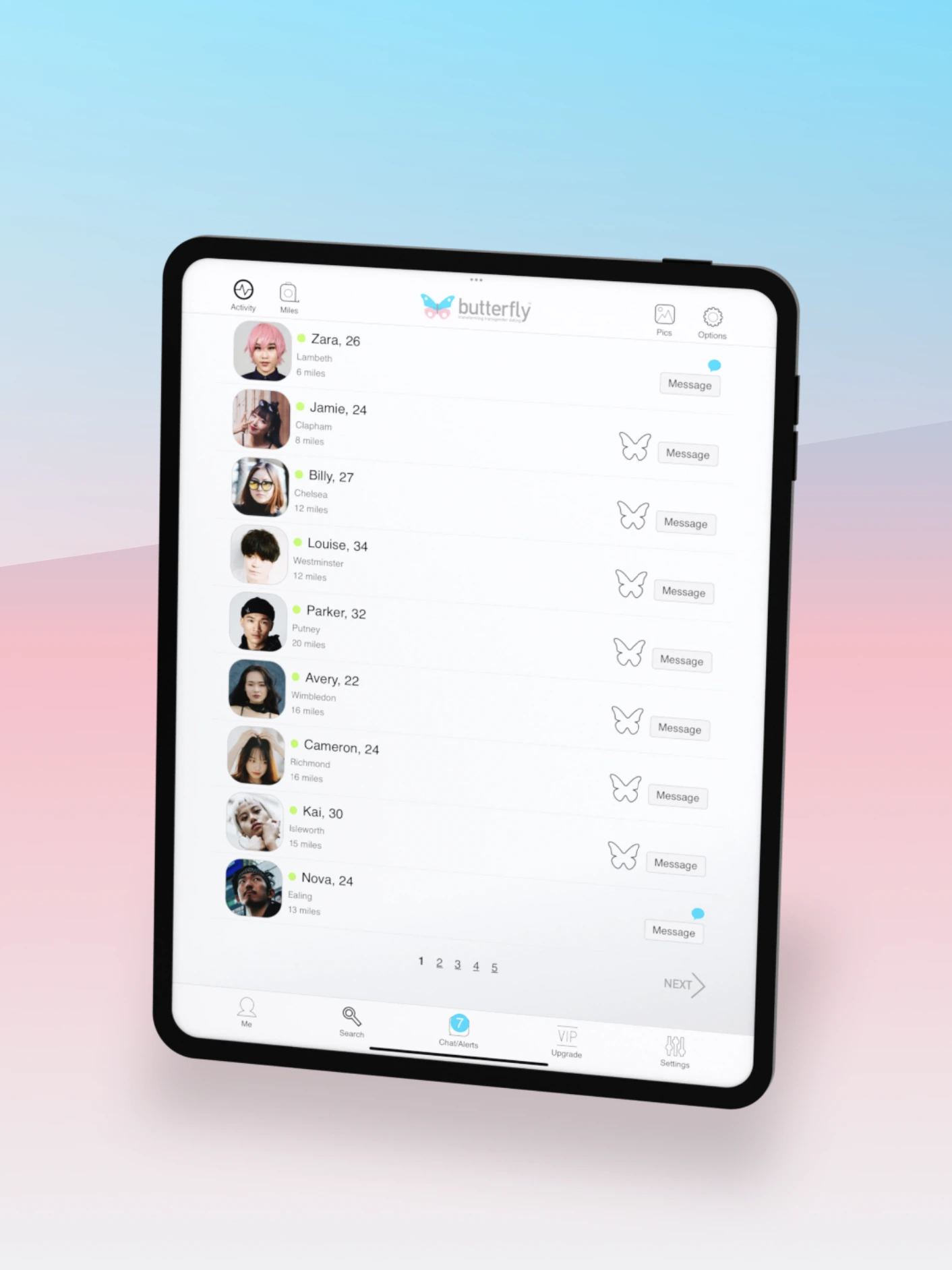Butterfly su iPad con ricerca membri, distanza, Flutter e pulsanti messaggio