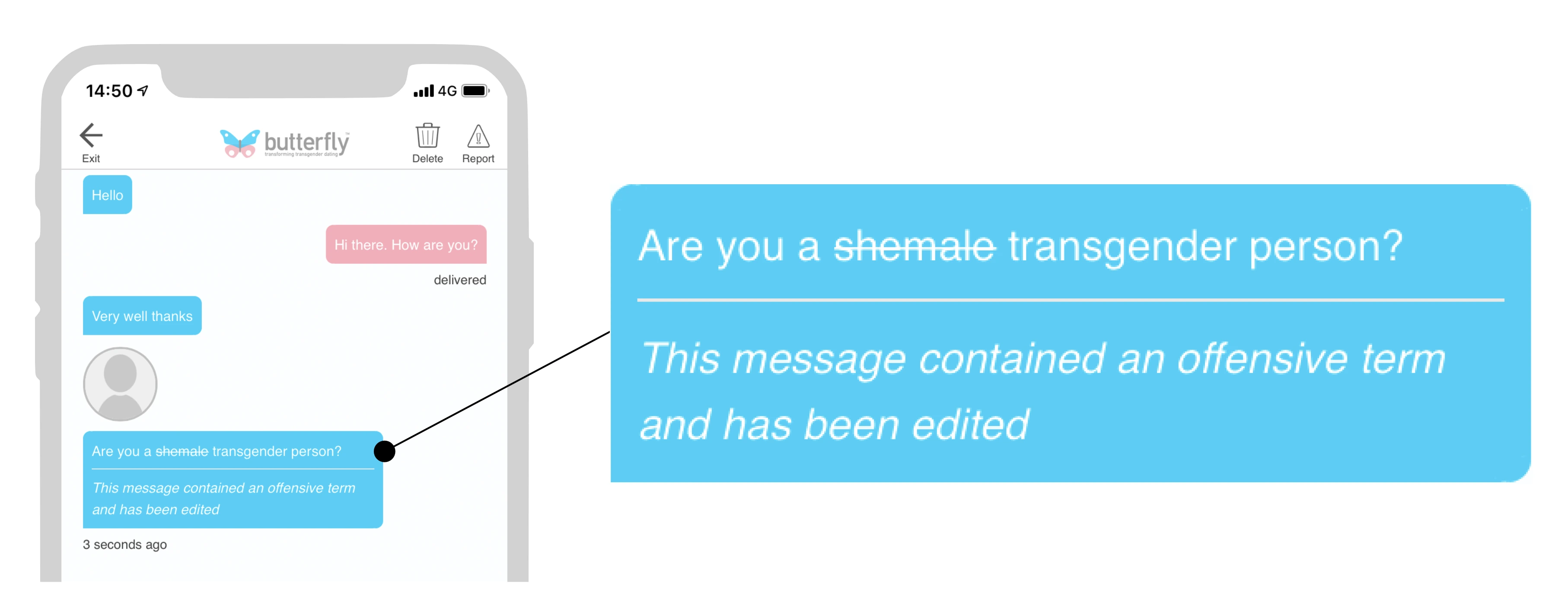 Butterfly message showing an offensive term crossed out, replaced with transgender person, and a notice that the message has been edited